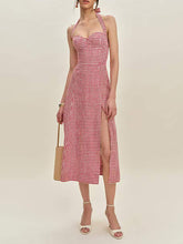 Elegant Plaid Halter Backless Vacation Slit Midi Dress